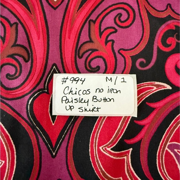Chico's Red and Black Paisley No Iron Ladies Button Up, Size 1/M - Picture 5 of 8